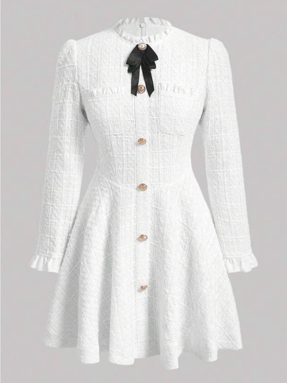 White Textured Long-Sleeve Fit & Flare Dress with Black Bow